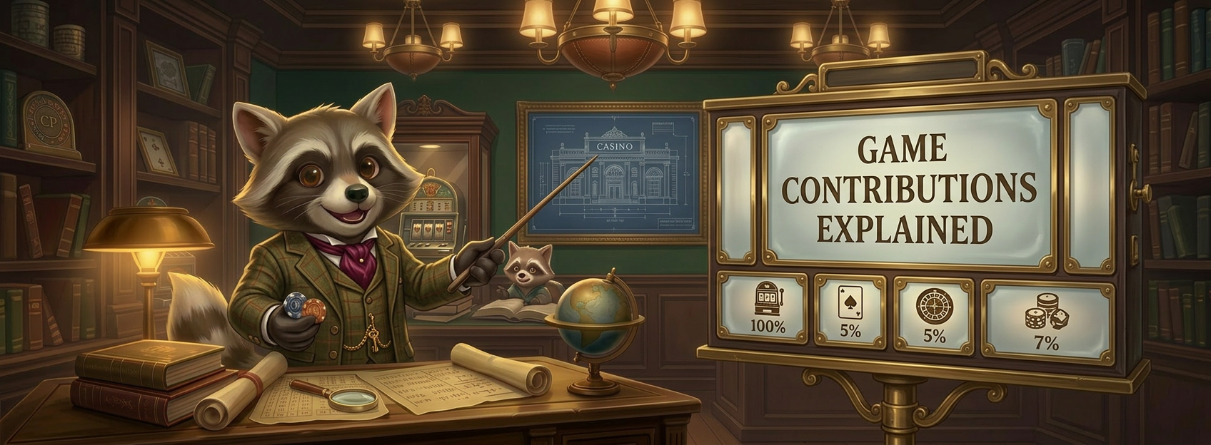 Raccoon mascot in a casino-themed study pointing to a display labeled “Game Contributions Explained,” with icons showing different contribution percentages, plus books, chips, and a smaller raccoon in the background.