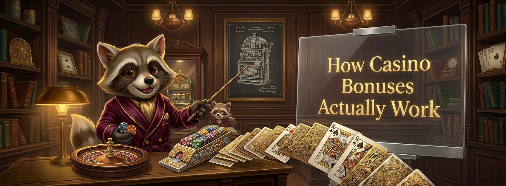 Cartoon raccoon in a wood-panelled study pointing at a display reading “How Casino Bonuses Actually Work,” with casino chips, cards, and a roulette wheel on the desk.