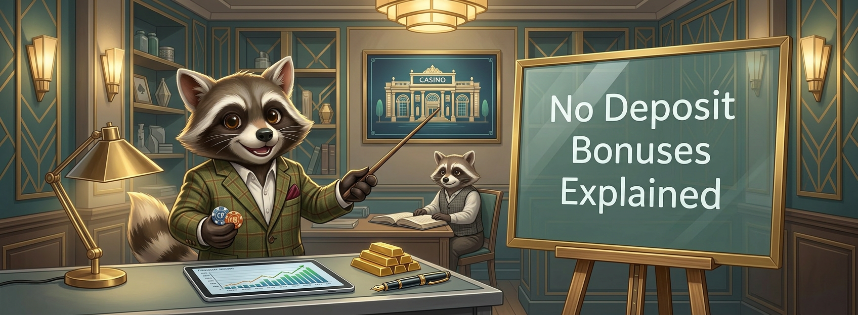 Cartoon raccoon in an office pointing toward a screen reading “No Deposit Bonuses Explained,” with a tablet, gold bars, and a smaller raccoon in the background.