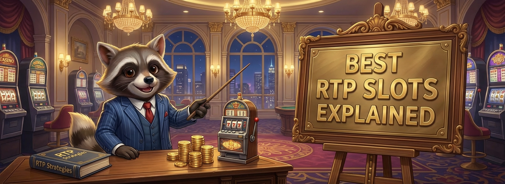 Cartoon raccoon in a blue suit pointing at a sign reading “Best RTP Slots Explained,” with slot machines, coins, and a small slot machine on the desk.