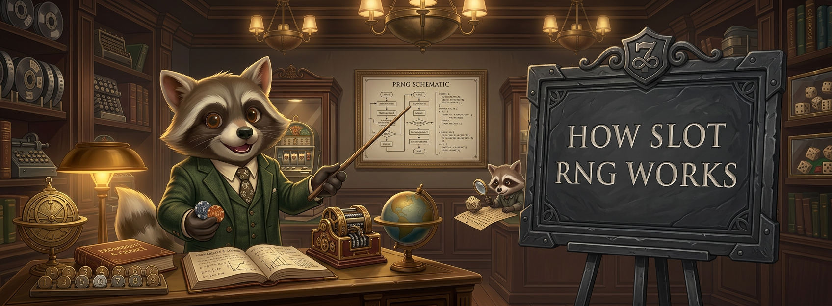 Cartoon raccoon in a study pointing at a PRNG schematic beside a display reading “How Slot RNG Works,” with books, charts, and gaming-themed objects on the desk.