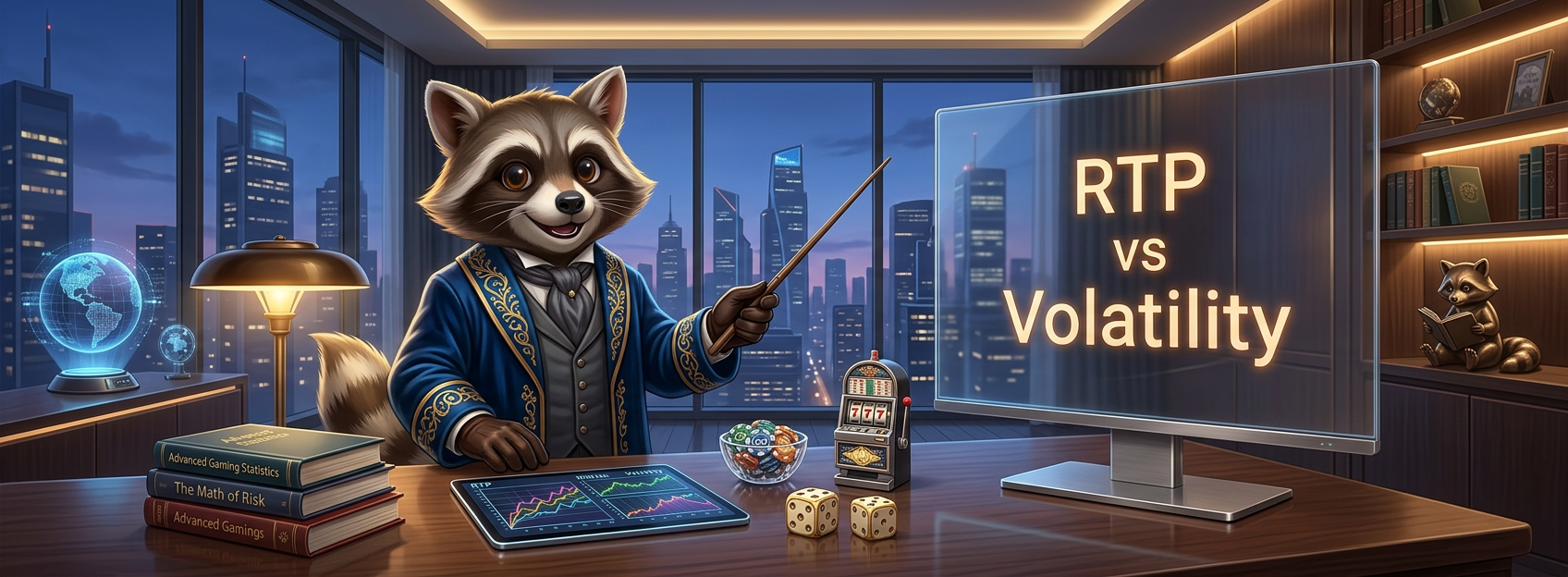 Cartoon raccoon in a modern office pointing at a screen reading “RTP vs Volatility,” with charts, dice, chips, and a city skyline in the background.