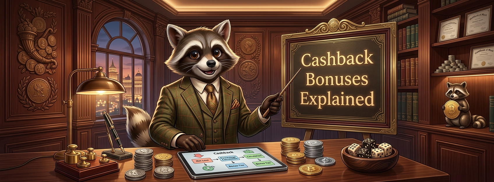 Cartoon raccoon in a wood-panelled office pointing at a sign reading “Cashback Bonuses Explained,” with coins, dice, and a tablet showing a cashback flowchart on the desk.