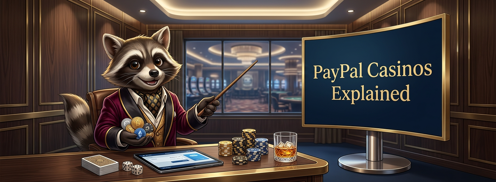 Cartoon raccoon in a casino-style office pointing at a screen reading “PayPal Casinos Explained,” with poker chips, cards, dice, a tablet, and coins on the desk.