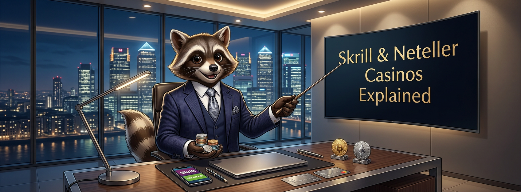 Cartoon raccoon in a modern office pointing at a screen reading “Skrill & Neteller Casinos Explained,” with coins, payment cards, a phone, and a city skyline in the background.