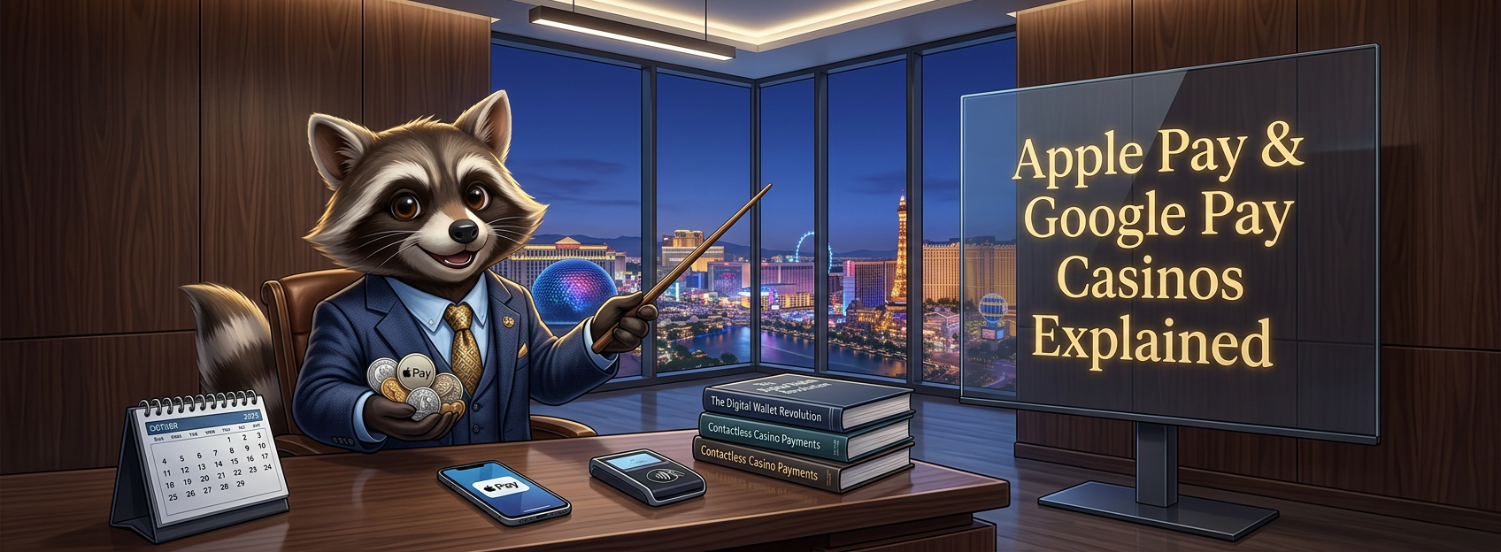 Cartoon raccoon in a high-rise office pointing at a screen reading “Apple Pay & Google Pay Casinos Explained,” with a phone, contactless payment device, books, and a city skyline behind.