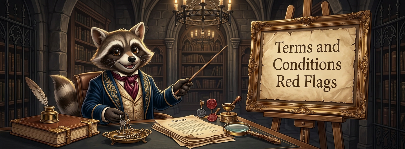 Cartoon raccoon in a library-like office pointing at a framed board reading “Terms and Conditions Red Flags,” with contracts, keys, wax seals, and a magnifying glass on the desk.