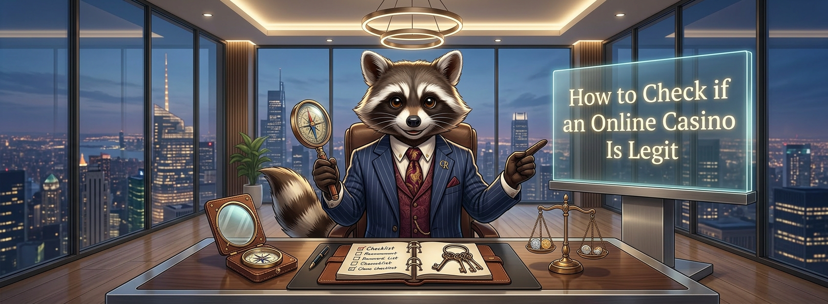 Cartoon raccoon in a modern office beside a screen reading “How to Check if an Online Casino Is Legit,” with a checklist, keys, scales, compass, and city skyline in the background.