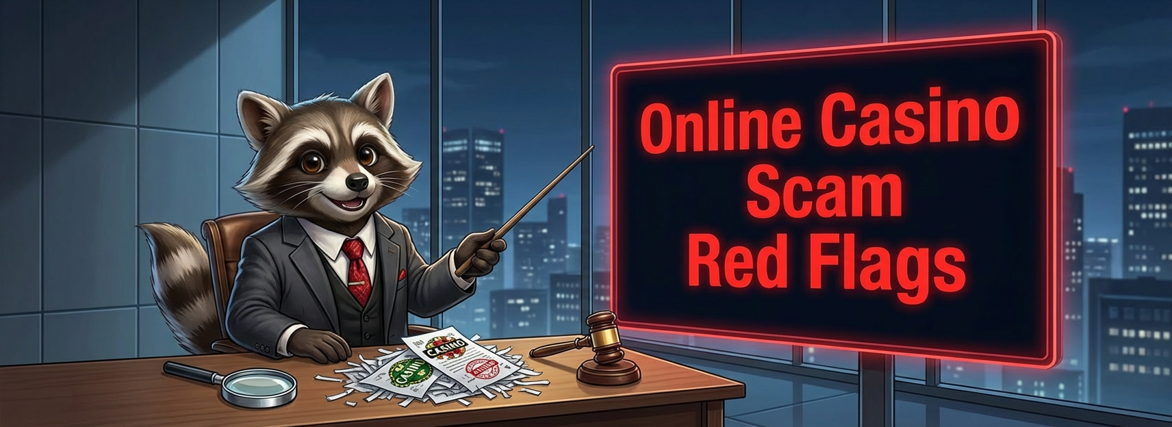 Cartoon raccoon in a dark office pointing at a neon sign reading “Online Casino Scam Red Flags,” with a magnifying glass, gavel, and shredded casino papers on the desk.