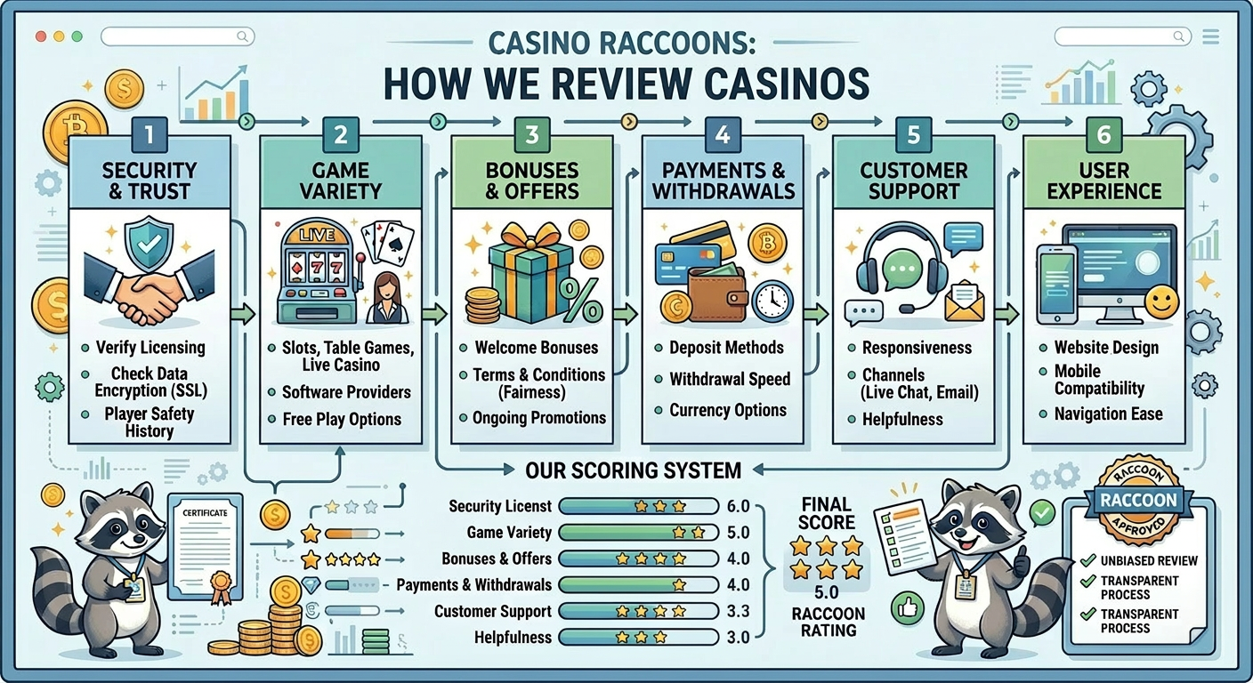 Infographic titled “Casino Raccoons: How We Review Casinos” showing a six-step casino review process covering security and trust, game variety, bonuses and offers, payments and withdrawals, customer support, and user experience, plus a scoring system and final raccoon rating.