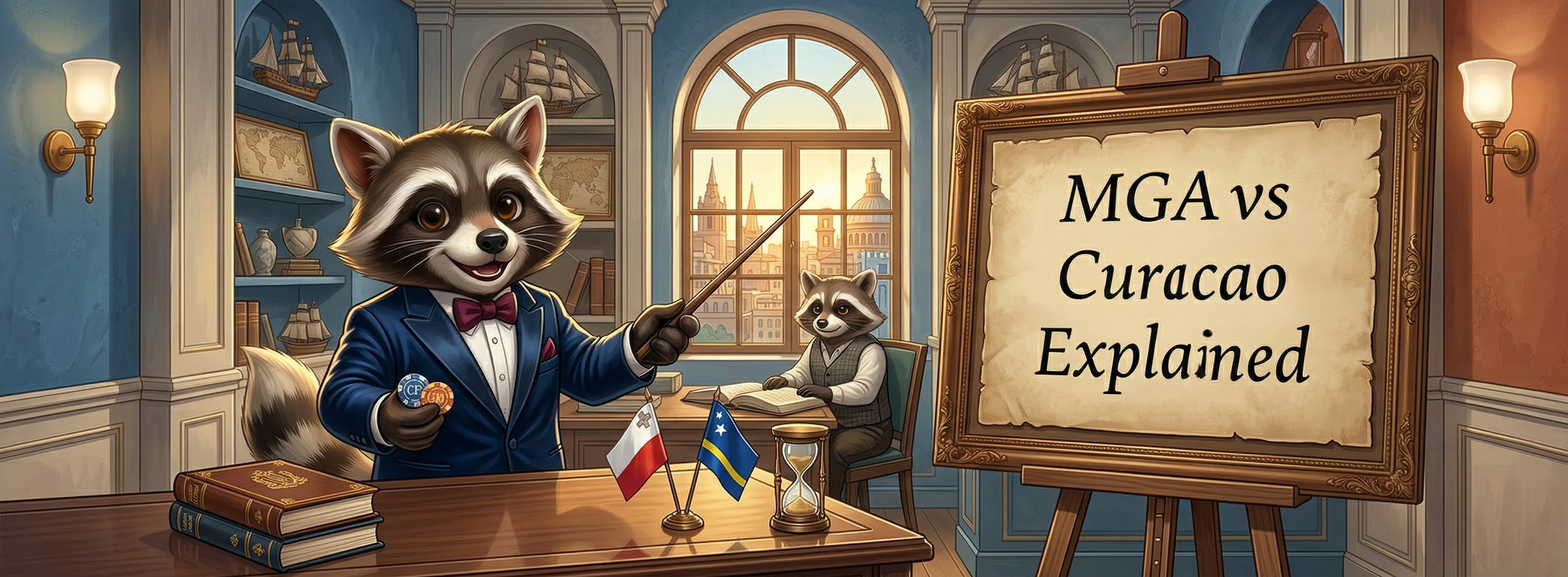 Cartoon raccoon in a high-rise office pointing at a monitor reading “MGA vs Curacao Explained,” with Malta and Curaçao flags, coins, and a globe on the desk.