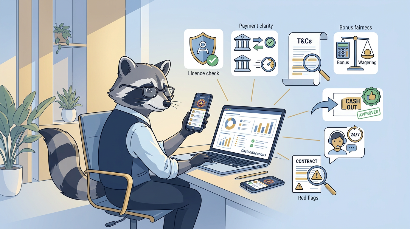 Illustration of a raccoon analyst reviewing a new online casino on a laptop and smartphone, with icons for licence checks, payment clarity, bonus fairness, cashout approval, customer support, and red flags.