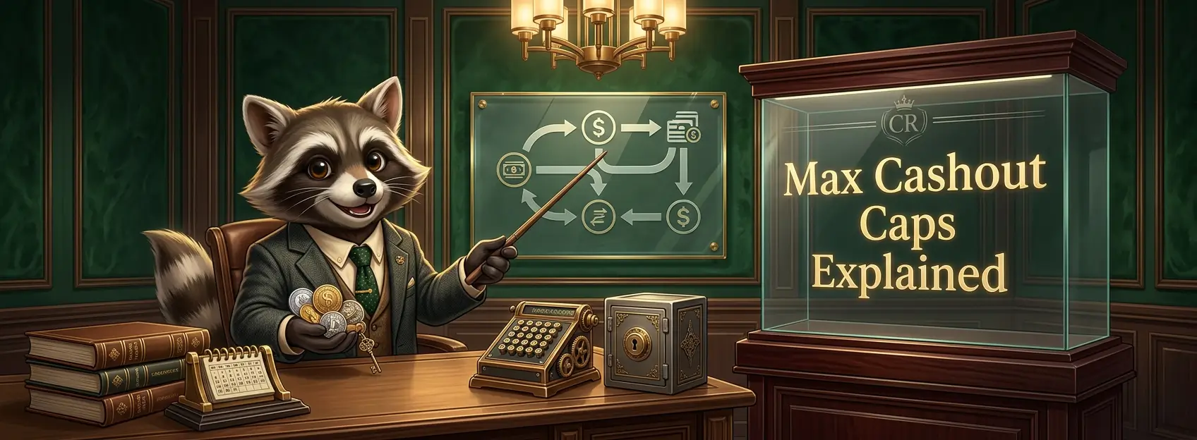 Cartoon raccoon in a green office pointing to a display reading Max Cashout Caps Explained, with coins, a safe, and money flow symbols.