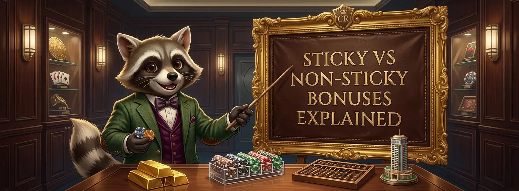 Cartoon raccoon in a formal casino room pointing to a framed sign reading Sticky vs Non-Sticky Bonuses Explained, with chips, gold bars, and an abacus.