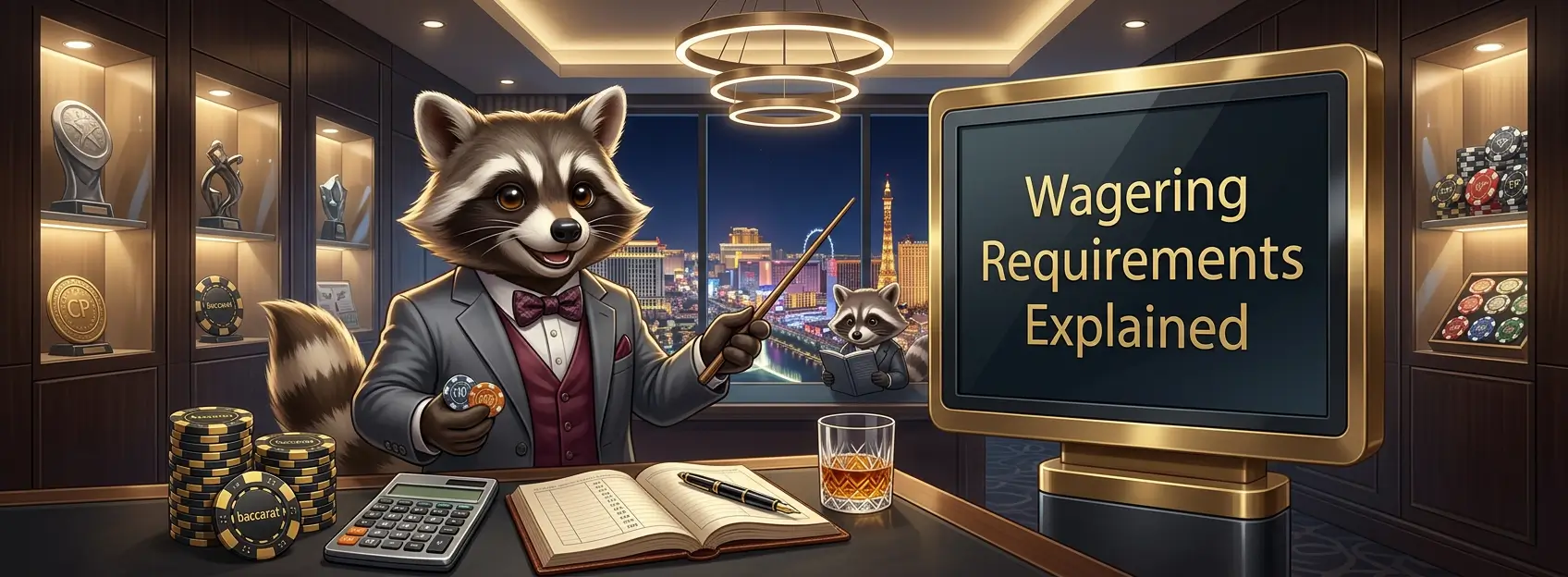 Cartoon raccoon in a casino office pointing to a screen reading Wagering Requirements Explained, with chips, calculator, notebook, and city skyline in the background.