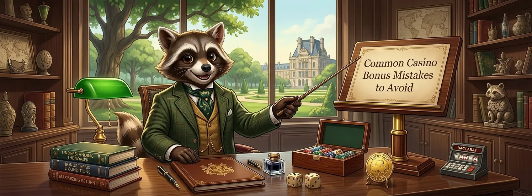 Cartoon raccoon in a study pointing to a sign reading Common Casino Bonus Mistakes to Avoid, with books, chips, dice, and a casino-themed desk.