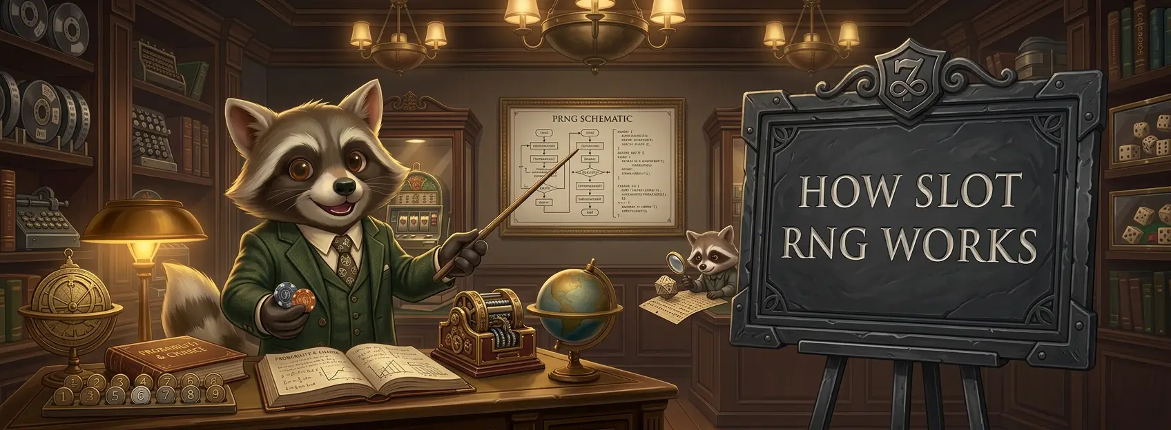 Cartoon raccoon in a study pointing to a PRNG schematic and a sign reading How Slot RNG Works, with books, charts, and casino-themed objects on the desk.