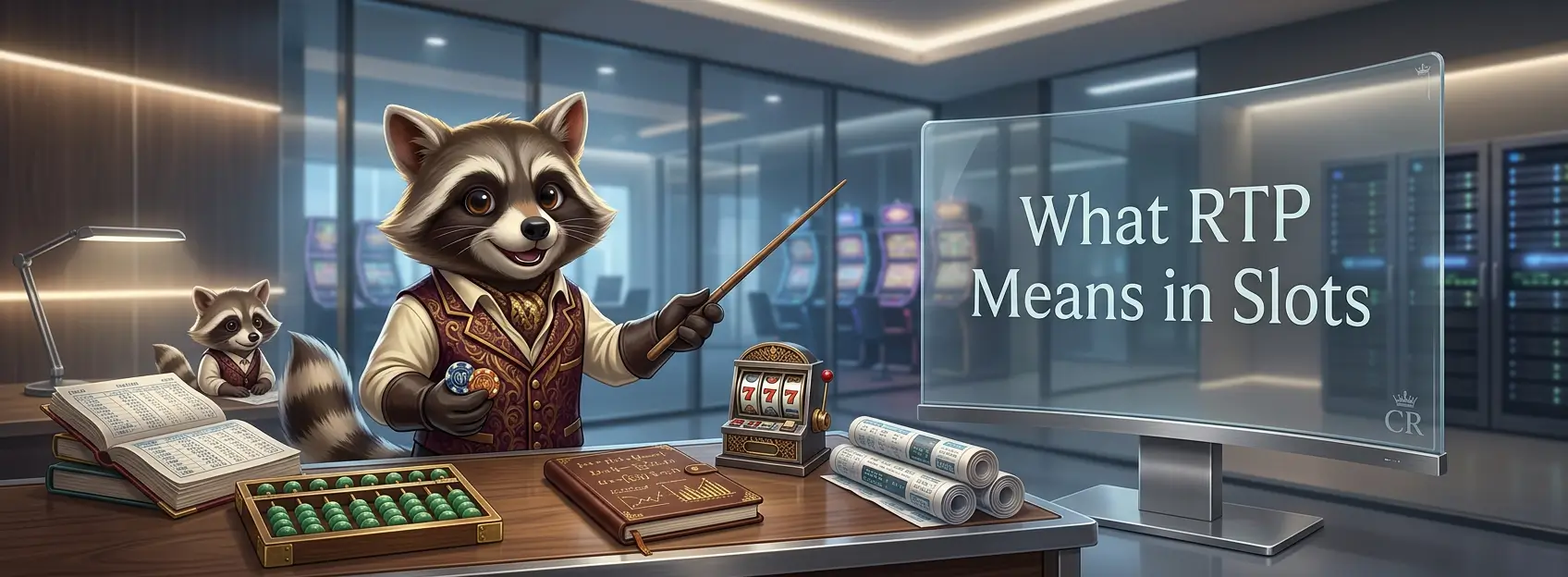 Cartoon raccoon in a modern casino office pointing to a screen reading What RTP Means in Slots, with books, an abacus, papers, and a slot machine on the desk.