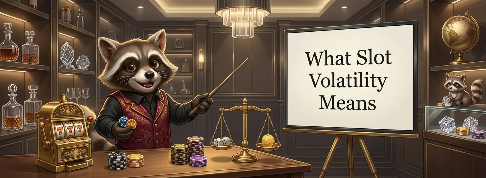 Cartoon raccoon in a casino-style office pointing to a board reading What Slot Volatility Means, with chips, scales, dice, and a slot machine nearby.