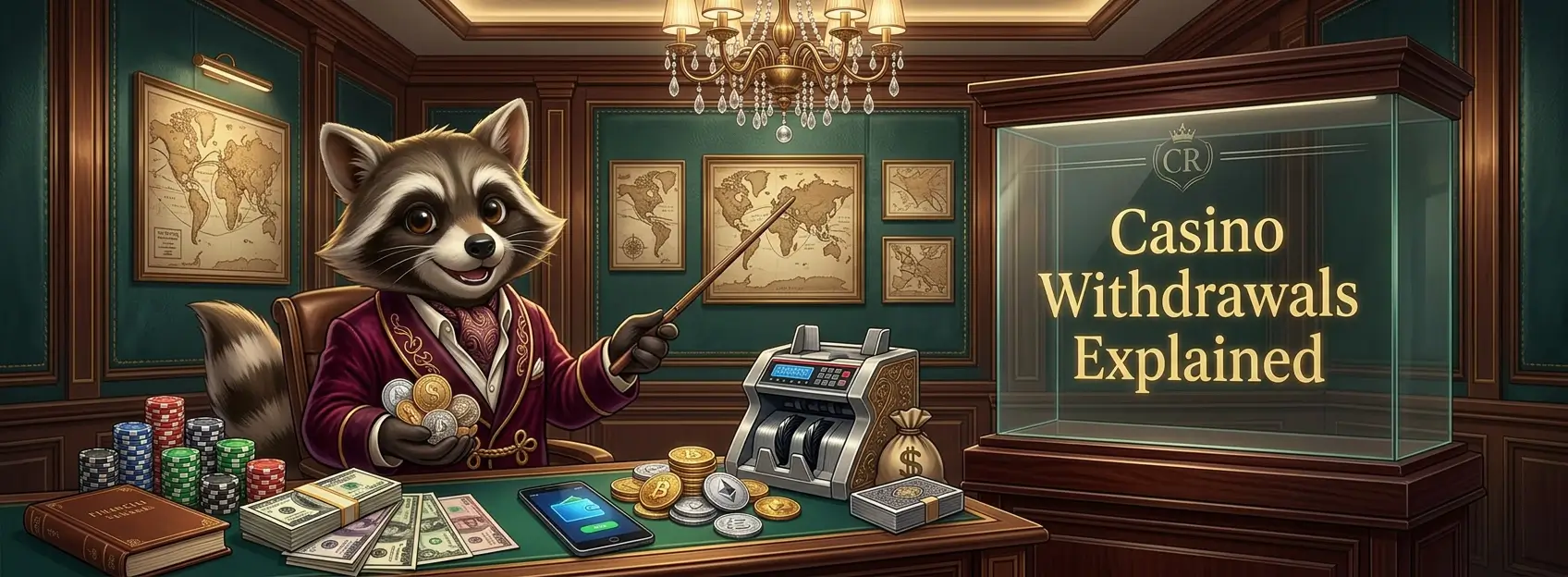 Cartoon raccoon in an elegant office pointing to a display reading Casino Withdrawals Explained, with cash, chips, coins, a smartphone, and a money-counting machine on the desk.