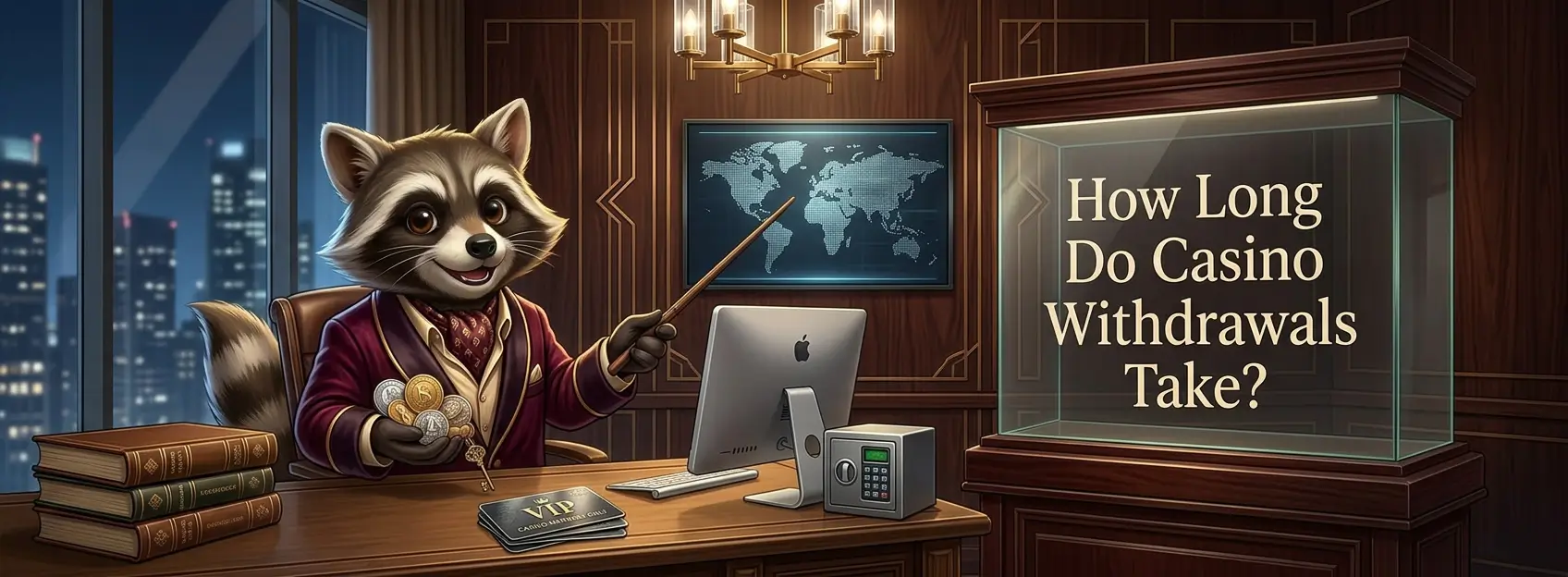 Cartoon raccoon in an office pointing to a display reading How Long Do Casino Withdrawals Take?, with coins, a desktop computer, a safe, and city lights in the background.