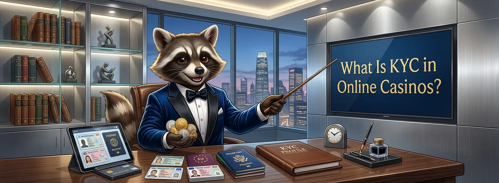 Cartoon raccoon in a modern office pointing to a screen reading What Is KYC in Online Casinos?, with passports, ID cards, documents, and a tablet on the desk.