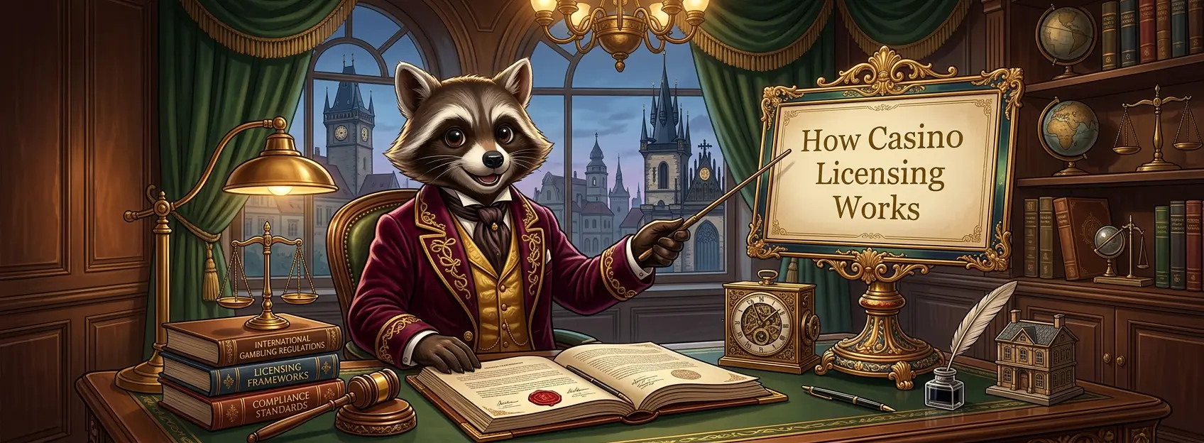 Cartoon raccoon in a formal office pointing to a sign reading How Casino Licensing Works, with legal books, scales, and compliance-themed objects on the desk.