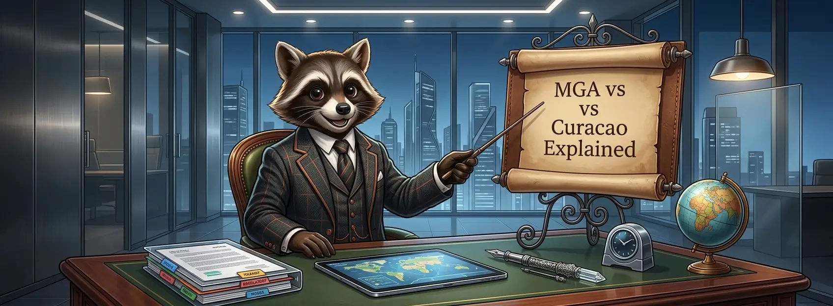 Cartoon raccoon in a modern office pointing to a scroll reading MGA vs Curacao Explained, with documents, a globe, and regulatory-themed desk items.